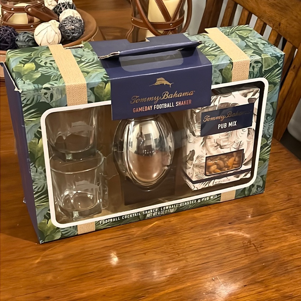 Tommy Bahama Gameday Football Shaker and 2 Lowball Glass Set new